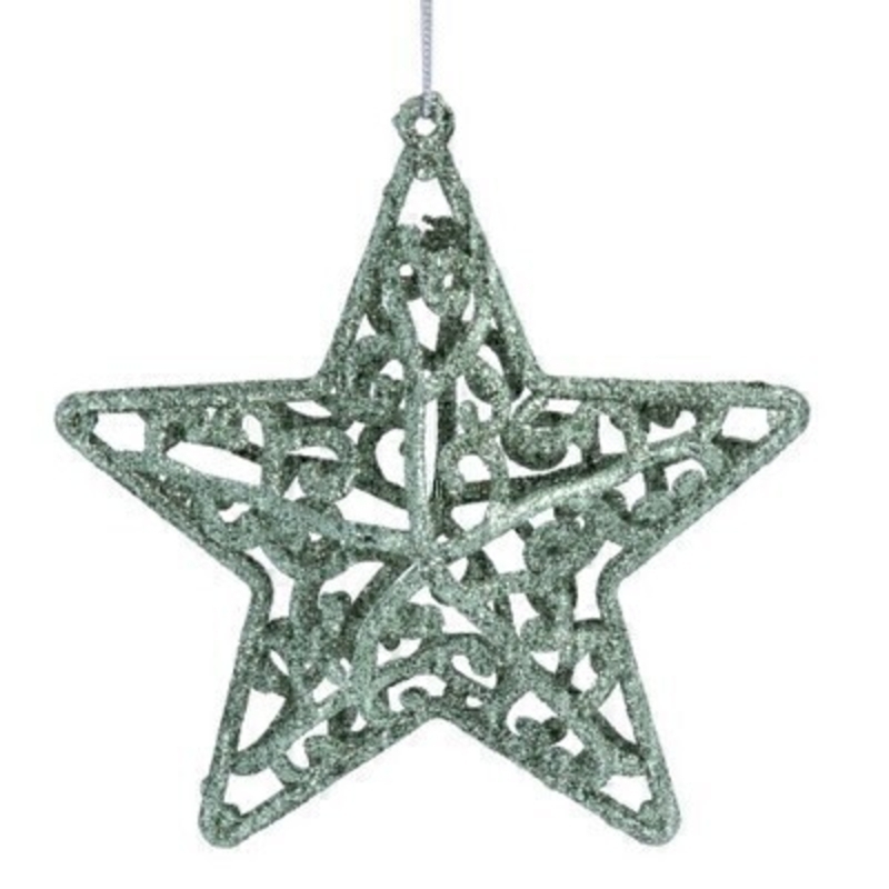 Pale Green Star Hanging Decoration Gisela Graham This beautiful pale green filgree star hanging decoration is from Designer Gisela Graham and would make a lovely addition to your Christmas Tree. This hanging decoration will delight for years to come. It will compliment any home and will bring Christmas cheer to children at Christmas time year after year. Remember Booker Flowers and Gifts for Gisela Graham Christmas Decorations.